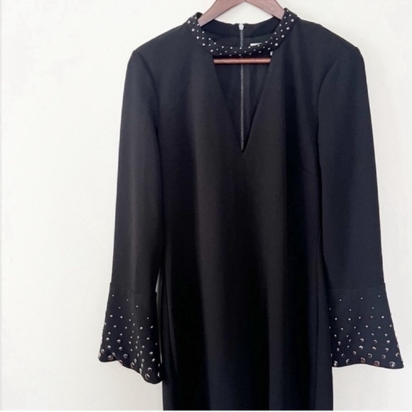 RACHEL Rachel Roy Black Deep V-Neck Embellished Bell Sleeve Dress Size 10 NEW - Picture 2 of 13